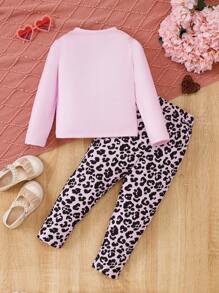 2pcs/Set Young Girl Cartoon Animal Printed Long Sleeve T-Shirt And Pants Comfortable Outfit - Pink - View 3