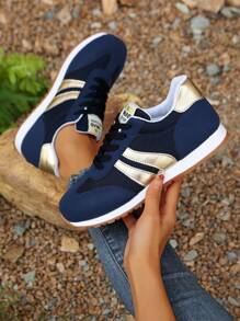 Women Blue Round Toe Flat Athletic Shoes, Spring/Fall, Breathable Sneakers