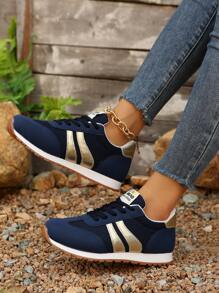 Women Blue Round Toe Flat Athletic Shoes, Spring/Fall, Breathable Sneakers