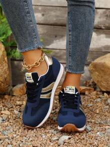 Women Blue Round Toe Flat Athletic Shoes, Spring/Fall, Breathable Sneakers