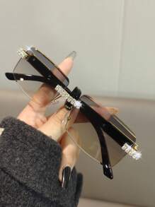 Leopards play ball 1 Pair Rhinestone Decorated Frameless Rectangular Fashion Fashion Glasses, Unisex, Suitable For Driving, Beach Travel, Summer Beach Vacation, Outdoor Activities, Etc. - Rhinestone Decorated Frameless/diamond Cut 3D Lenses - View 18