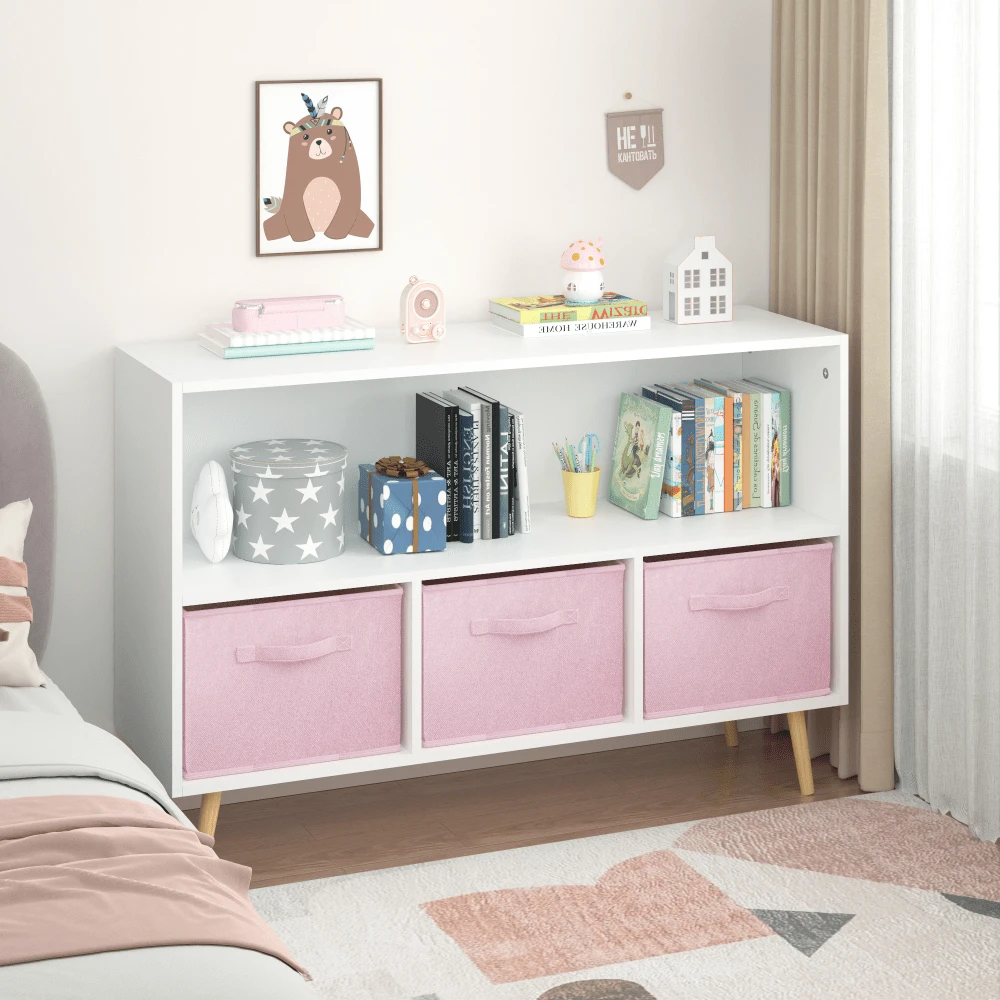Kids Bookcase With Collapsible Fabric Drawers, Children's Book Display, Toy Storage Cabinet Organizer - Hồng - Xem 1