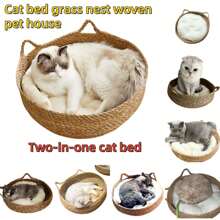 Cama para gatos natural, ninho de grama, casinha para animais de estimação, feita à mão em vime com tapete macio, cama resistente para gatos adequada para todas as estações, removível e lavável - Amarelo - Ver 2