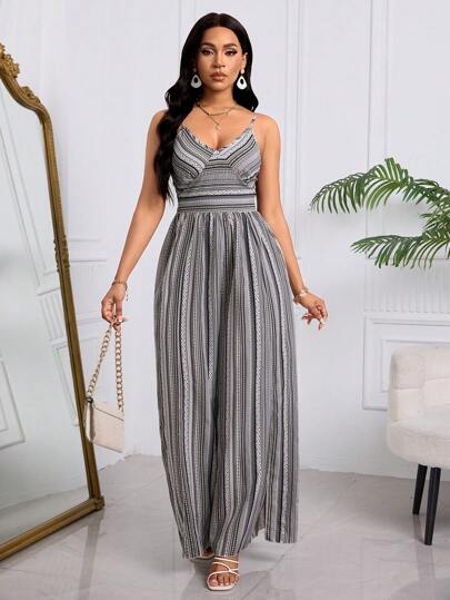 Mono De Tirantes Con Estampado Bohemio Para Dama, Mono Con Lazo En La Espalda, Mono Larga Con Abertura Hasta El Muslo