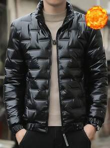 Men's Shiny Collar Padded Jacket, Warm Outerwear, Fall/Winter, Wind-Proof - Black - View 1