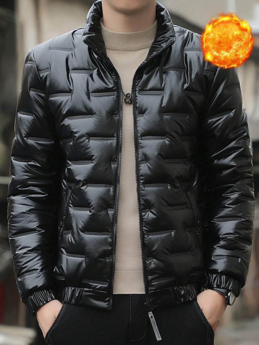 Men's Shiny Collar Padded Jacket, Warm Outerwear, Fall/Winter, Wind-Proof - Black - View 1