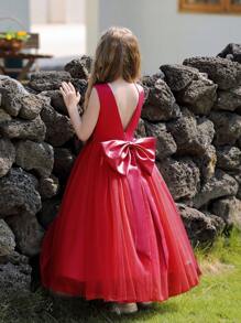 Robe tulle rouge de demoiselle d'honneur pour fille préadolescente, design dos nu et grand nœud, pour Noël/mariage