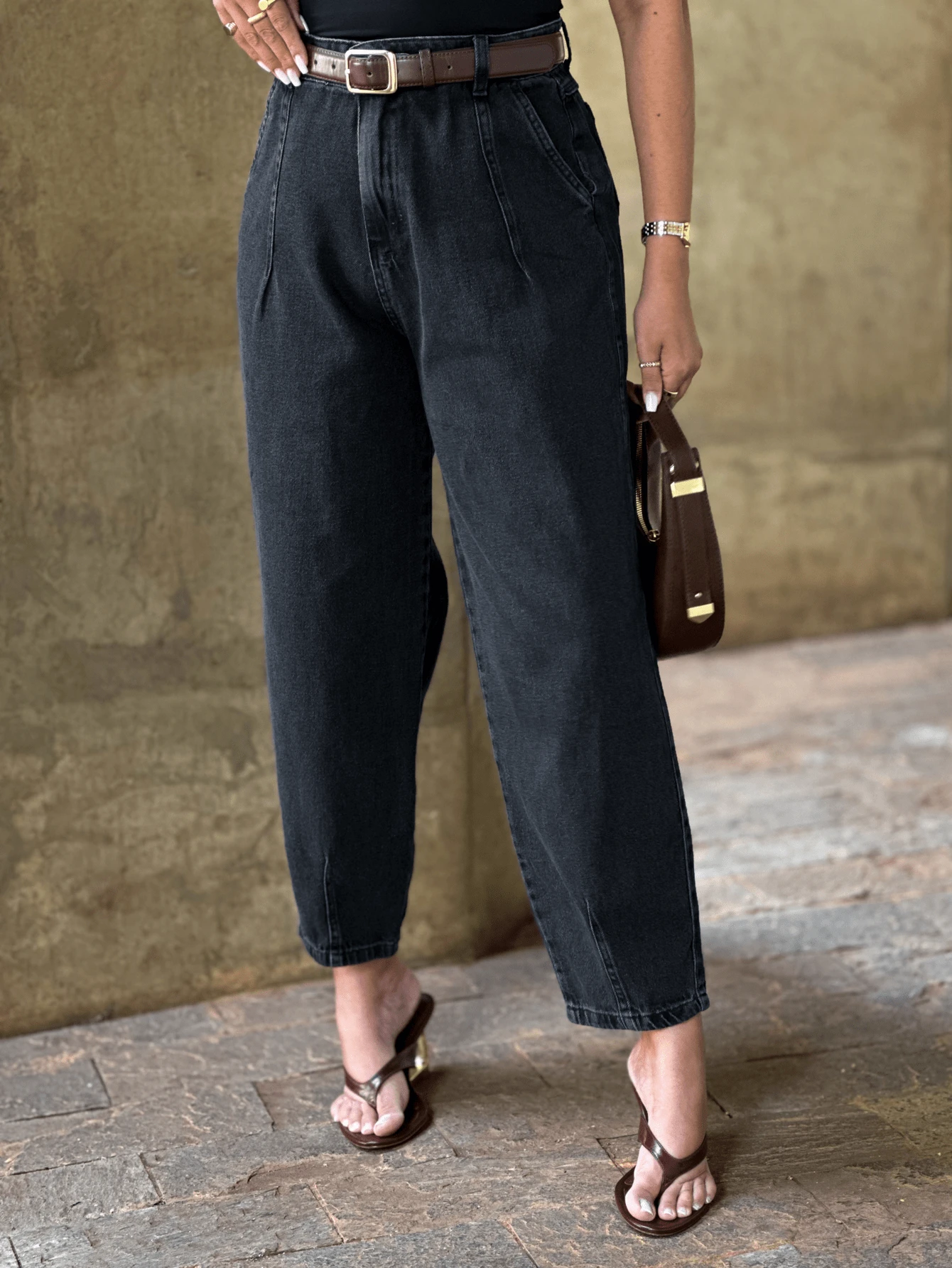 Saina Office 8295 Women's Mom Jeans, Plain, Unscratched 8295 - 黑色 - 查看 1