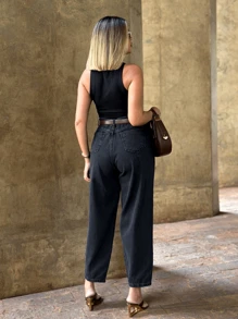 Saina Office 8295 Women's Mom Jeans, Plain, Unscratched 8295 - 黑色 - 查看 2