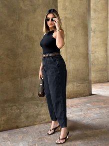 Saina Office 8295 Women's Mom Jeans, Plain, Unscratched 8295 - 黑色 - 查看 3