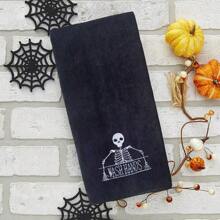1pc, 35x75cm Halloween Day Of The Dead Skull Hand Towel Bath Towel Embroidery Skeleton Wash Hands Pattern Soft Highly Absorbent Decorative Towel Day Of The Dead, Perfect For Bathroom Kitchen Decor Gift