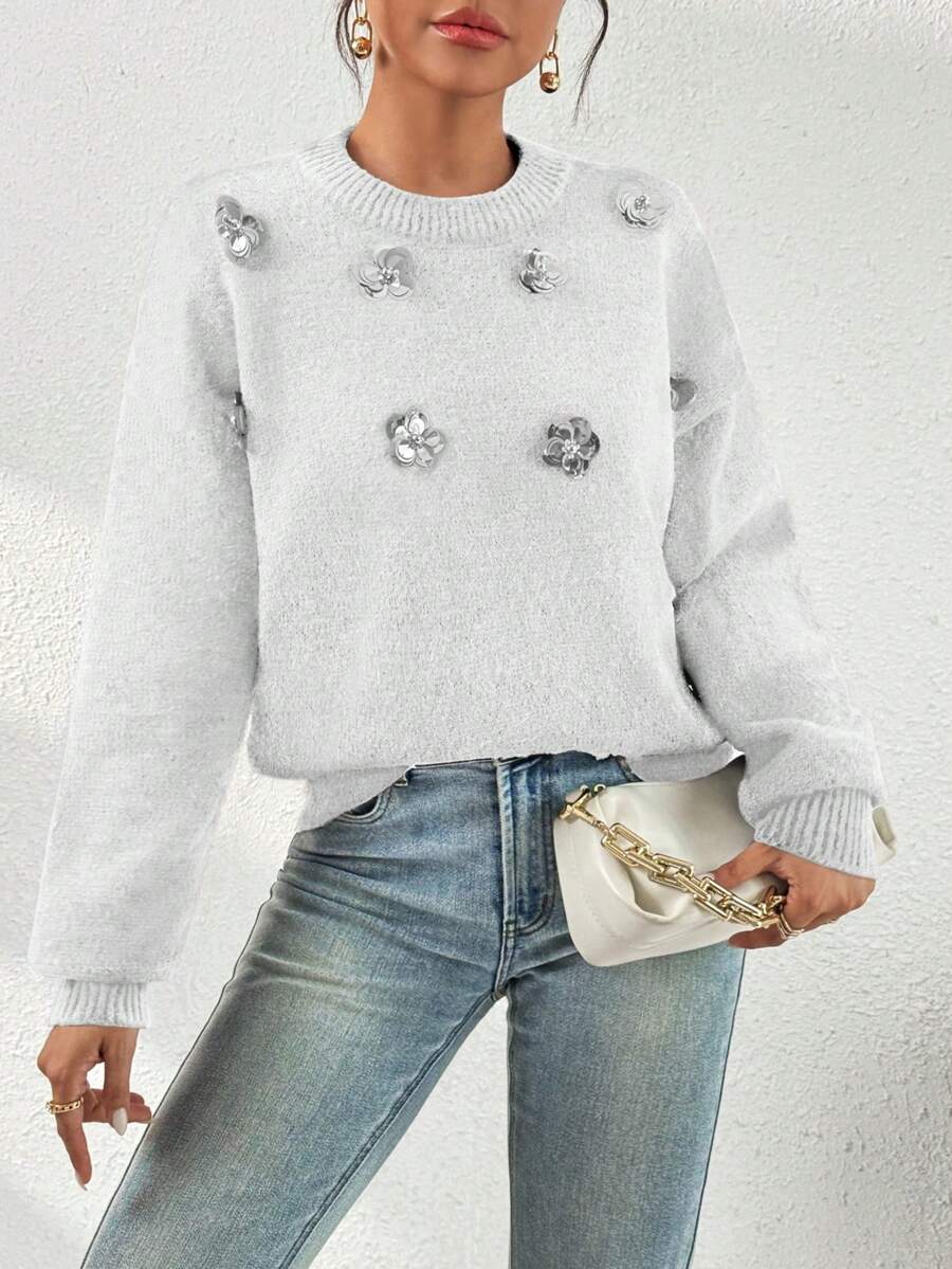 Sueter para dama de punto con lentejuelas fashion de moda - Blanco - Ver 1