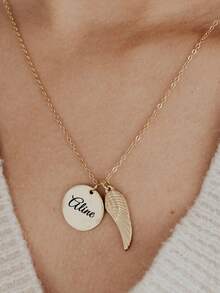 个性化名字项链圆形吊坠纪念珠宝丧亲礼物不锈钢翅膀项链定制镌刻名字字母吊坠项链阵亡将士纪念日礼物配饰 - 金色 - 查看 4