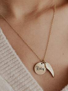 个性化名字项链圆形吊坠纪念珠宝丧亲礼物不锈钢翅膀项链定制镌刻名字字母吊坠项链阵亡将士纪念日礼物配饰 - 金色 - 查看 5