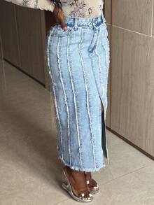 新款高腰设计荷叶边下摆高开叉中长款牛仔半身裙浅蓝色女式时尚学院风 - 淺色水洗藍 - 查看 4