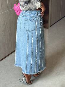 新款高腰设计荷叶边下摆高开叉中长款牛仔半身裙浅蓝色女式时尚学院风 - 淺色水洗藍 - 查看 3