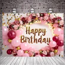 1 pieza, Fondo de flores de cumpleaños feliz, rosas de color borgoña con destellos de oro rosa dispersos, decoración de mesa para fiesta de cumpleaños, pancarta fotográfica, Navidad - Oro rosa - Ver 5