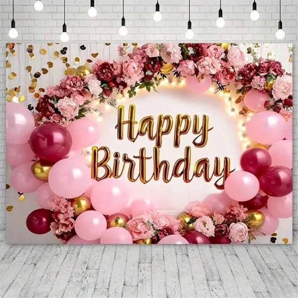 1 Stück, Hintergrund mit Geburtstagblumen, burgunderrote Rosenblüten, goldglitzernde Streupunkte Fotokulisse, Geburtstagsfeier Kuchentischdekoration, Fotobanner, Weihnachten