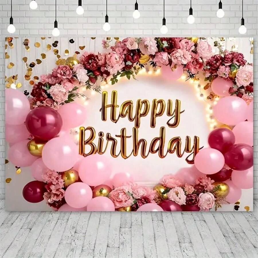 1 pieza, Fondo de flores de cumpleaños feliz, rosas de color borgoña con destellos de oro rosa dispersos, decoración de mesa para fiesta de cumpleaños, pancarta fotográfica, Navidad - Oro rosa - Ver 1