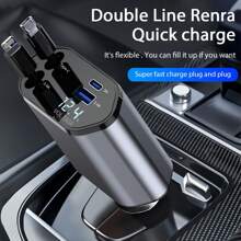 4-In-1 Fast Charging Car Charger Digital Display Voltage 120w Fast Charging With Lightning & Type-C Telescopic Charging Cable USB And Type-C Dual Output Port Car Charger Car Cigarette Lighter Charger
