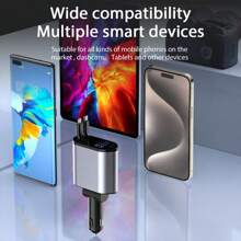 4-In-1 Fast Charging Car Charger Digital Display Voltage 120w Fast Charging With Lightning & Type-C Telescopic Charging Cable USB And Type-C Dual Output Port Car Charger Car Cigarette Lighter Charger