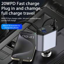 4-In-1 Fast Charging Car Charger Digital Display Voltage 120w Fast Charging With Lightning & Type-C Telescopic Charging Cable USB And Type-C Dual Output Port Car Charger Car Cigarette Lighter Charger