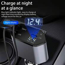 4-In-1 Fast Charging Car Charger Digital Display Voltage 120w Fast Charging With Lightning & Type-C Telescopic Charging Cable USB And Type-C Dual Output Port Car Charger Car Cigarette Lighter Charger