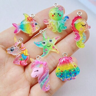 Resin Ocean Series Charms Bulk Pack - 7pcs Cute Cartoon Shiny Octopus, Seahorse, Small Fish, Starfish, Shells, Colorful Unicorn Pendants For DIY Jewelry, Scrapbooking Crafts