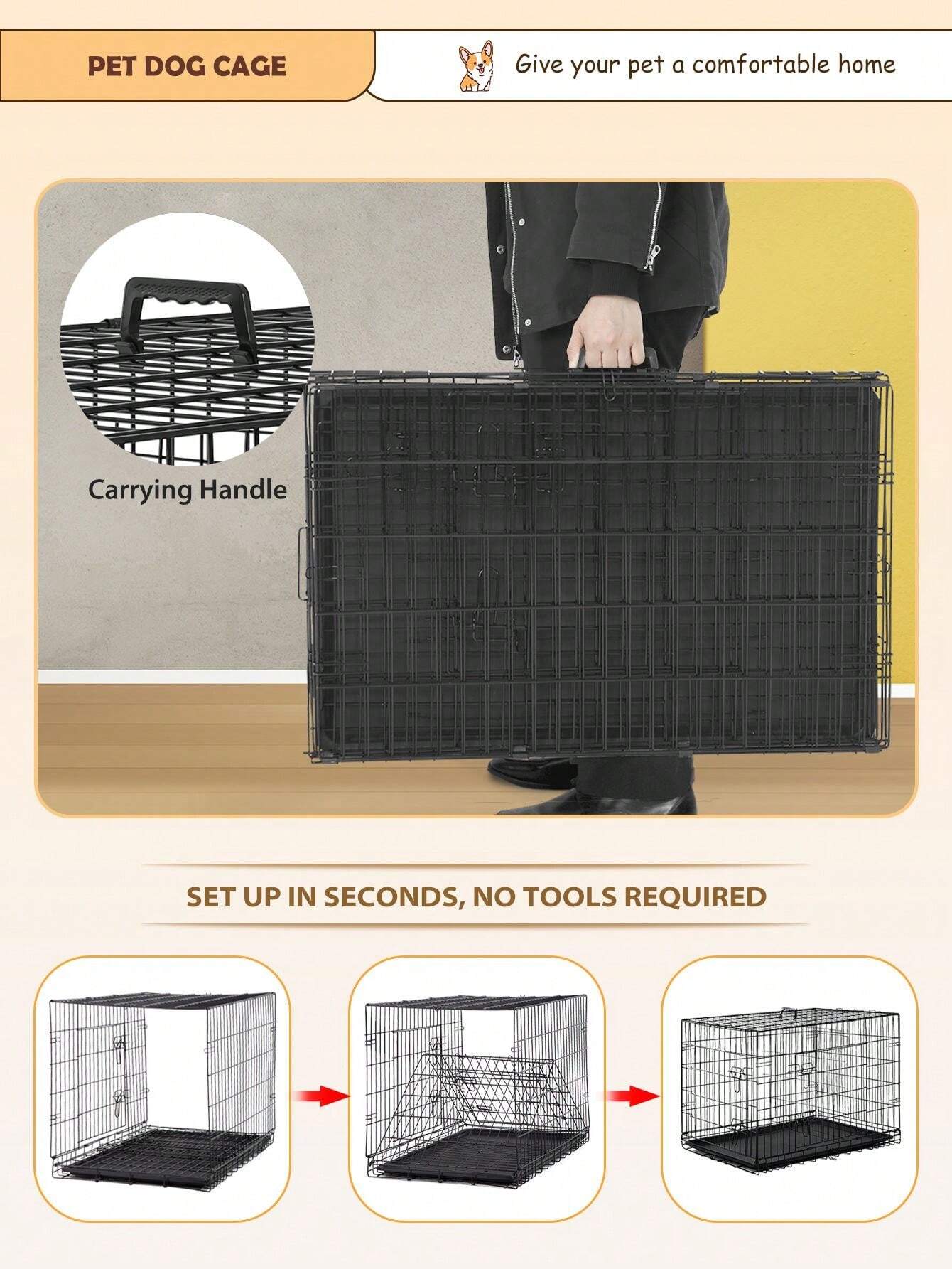 Large Dog Crate, 42 Inches Double Door Pet Crate Folding Metal Wire Dog