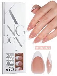Nail Kingdom 120 piezas/caja Uñas postizas blancas francesas de almendra media, 15 tamaños diferentes. Puntas de uñas falsas profesionales previamente imprimadas con un recubrimiento superior 3 en 1 de gel suave para manualidades de manicura DIY