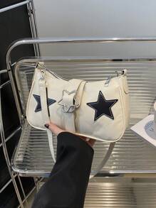 1个纹理时尚链条个性化星星斜挎包，甜美酷炫的西部风腋下包，PU材质，拉链封口，星星印花图案，可肩背或手提，适合女生日常上学、户外旅行、送朋友等场合，可装手机，简约斜挎包 - A - 查看 8