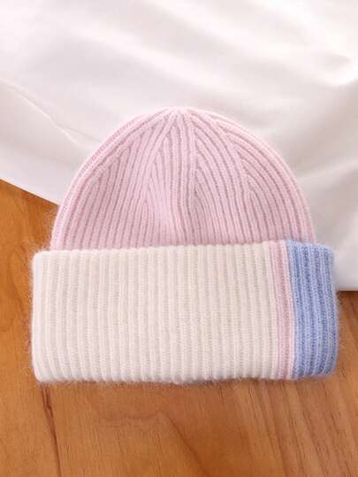 1 pieza Gorro de punto de pelo de conejo para mujer, invierno cálido, suave, bicolor, grueso, gorro tipo beanie para esquiar, versátil, lindo, gorro tipo pullover, a prueba de viento y frío, con orejeras de punto