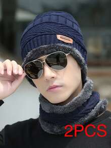 Men Knit Hat Scarf And Gloves 3-Piece Set, Warm Thermal Lined Outdoor Winter Beanie - Black - View 22