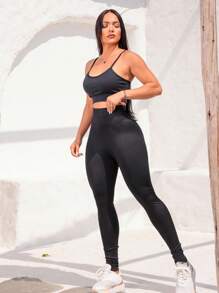 Black Seamless Sports Leggings, Butt Lifting, High Waist. - 黑色 - 查看 6