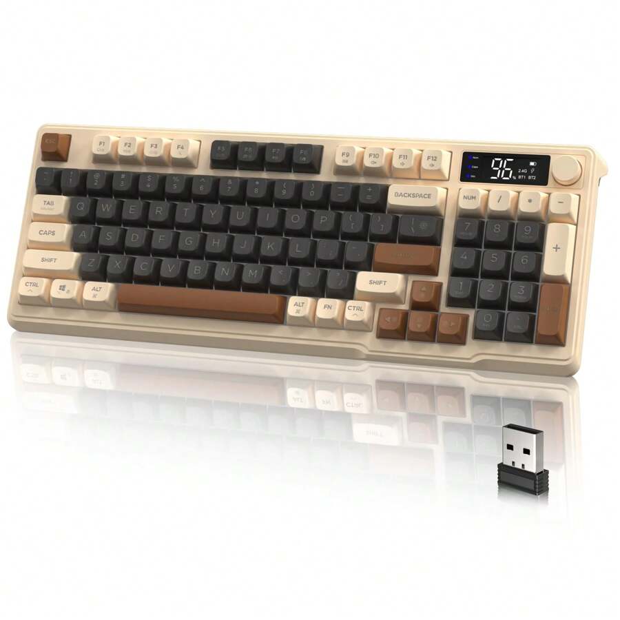 ATTACK SHARK M96 Wireless Gaming Keyboard,Knob Control BT/2.4G Wireless Mechanical Feeling Keyboard,RGB LED Backlit With Display Screen, PBT Keycap,2000mAh, 94-Key Layout For Win - Coffee - View 1