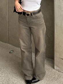 MYOURSA 女士低腰直筒水洗做旧牛仔裤，宽松版型，休闲通勤日常穿着 - 灰色 - 查看 3