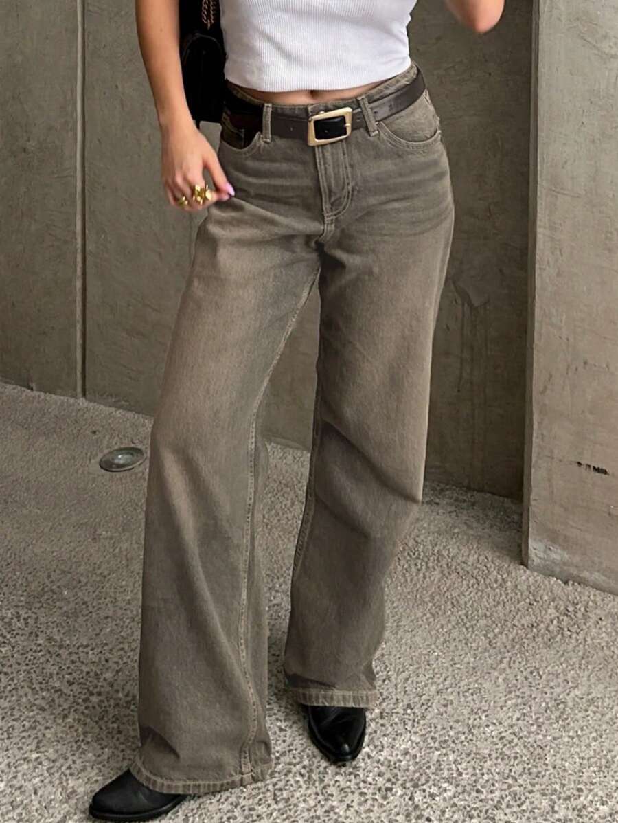 MYOURSA 女士低腰直筒水洗做旧牛仔裤，宽松版型，休闲通勤日常穿着 - 灰色 - 查看 1