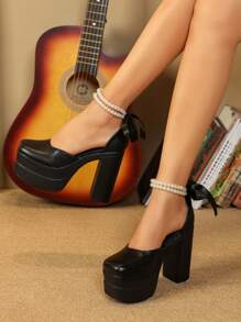 女士高跟鞋2023新款欧美超高跟防水台厚底珍珠绑带时尚粗跟鞋 - 黑色 - 查看 5