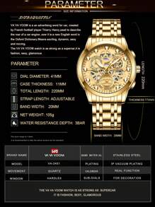 VA VA VOOM 1 件男士手表时尚不锈钢镂空表盘休闲运动风格夜灯男士时钟金色和黑色和银色原装石英机芯水钻奢华腕表