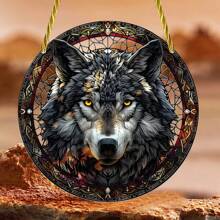1 Stück farbiges, glasartiges graues Wolf Fenster Hängedeko, 2D runde Acryl Suncatcher, geeignet für Terrasse, Garten, Veranda, Wohnzimmer Dekoration, Geburtstagsgeschenk, Heimdekoration, Raumdekoration, Wanddekoration