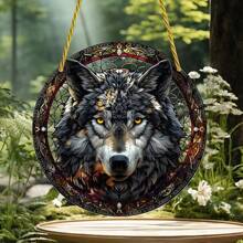 1 Stück farbiges, glasartiges graues Wolf Fenster Hängedeko, 2D runde Acryl Suncatcher, geeignet für Terrasse, Garten, Veranda, Wohnzimmer Dekoration, Geburtstagsgeschenk, Heimdekoration, Raumdekoration, Wanddekoration