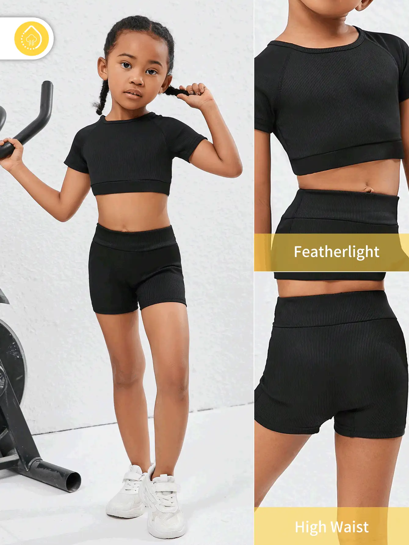 2 件儿童瑜伽套装，罗纹针织吸湿排汗速干透气瑜伽、跑步、骑行、健身、体操、网球运动紧身短袖上衣和短裤