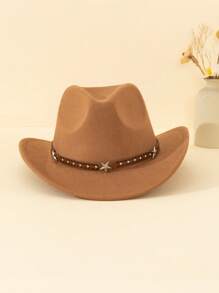 1pc Unisex Children Star Leather Decor Canvas Cowboy Hat, Western Style Retro Cap, 4 Season Accessory With Detachable Cord, Suitable For Casual, Outdoor, Party - Star Leather Brown - View 12