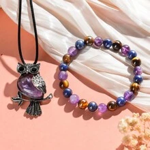 2Packs Amethyst Necklace For Men 8mm Round Bead Crystal Gemstone Bracelet For Pain, Anxiety, Mental Energy Treatment Bracelet, Turtle Pendant For Men - 2 件裝-B 型 - 查看 5