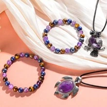 2Packs Amethyst Necklace For Men 8mm Round Bead Crystal Gemstone Bracelet For Pain, Anxiety, Mental Energy Treatment Bracelet, Turtle Pendant For Men - 2 件裝-B 型 - 查看 2