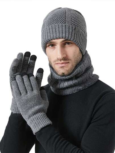 3pcs/Set Winter Knitted Hats For Men Neck Thermal Scarf And Hat Elastic Double Layer Thermal Hat + Scarf + Combination Winter Thermal, Holiday Gifts, New Year Gifts, Outdoor Thermal Products Halloween