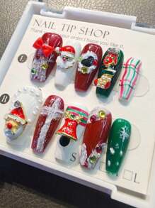 10 Long Coffin Press-On Nails Christmas Theme Nail Art Christmas Trees Metal Santa's, Clothing Christmas Candy Colorful Ripple Graphics Design Handmade Nail Nail Nail Fugitives Are Removed And Reused, Suitable For Women, Girls, Girls On Stage, Dance, Party Scenes, Girls 1 Slice Of Fruity Jelly Gel