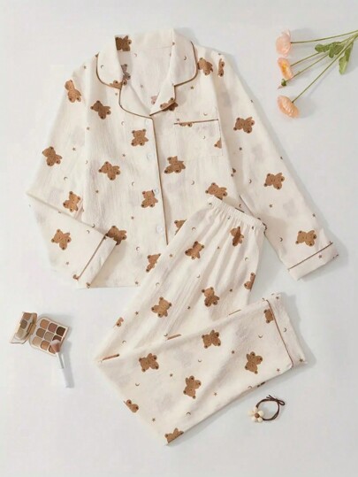 2pcs Women Long Sleeve Top & Pants Pajama Set, Casual Loose Homewear With Bear Print, Suitable For Indoor & Outdoor, Spring/Autumn/Winter,Two Pieces Set, Fall Clothes