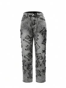 女式休闲度假时尚性感ins风字母刺绣牛仔裤，秋季 - 深灰色 - 查看 4