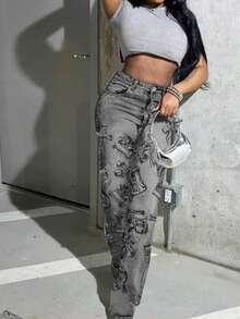 女式休闲度假时尚性感ins风字母刺绣牛仔裤，秋季 - 深灰色 - 查看 3